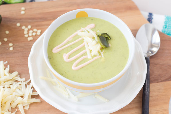 This light and creamy vegetarian roasted poblano white cheddar soup recipe takes only 30 minutes to make.  Perfect for a busy weeknight dinner! 