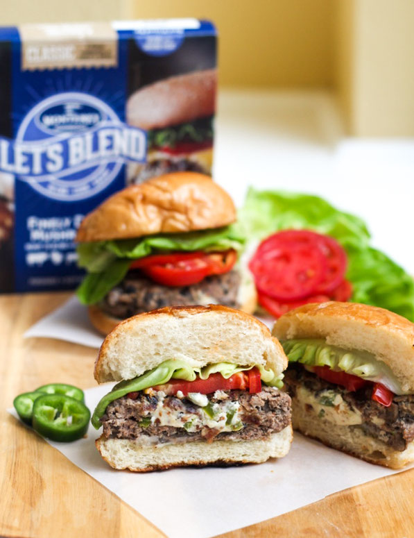 This lighter jalapeno popper-stuffed burger recipe made with diced mushrooms and beef is flavorful, juicy, and perfect for a weeknight dinner or family barbecue!