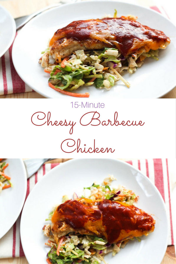 This easy cheesy barbecue chicken is the perfect healthy weeknight dinner recipe!  It's a family-friendly meal that's ready in just 15 minutes!