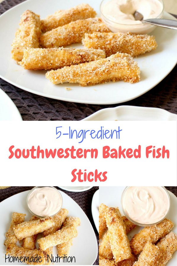 These homemade baked Southwestern fish sticks are easy to make with just five main ingredients and taste so much better than any frozen store bought version!   Plus an easy Southwestern ranch dipping sauce on the side! 