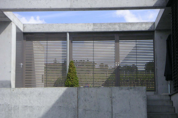 Neubau EFH Hööracker, Hallau I Aussenraum mit beweglichem Sichtschutz