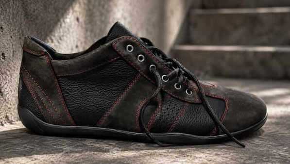Schwarzer Leder Barfußschuh mit roten Nähten