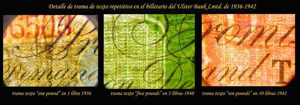 detalle trama texto en cartucho anversos en serie libras Irlanda del Norte 1936-42 Ulster Bank Ltd 