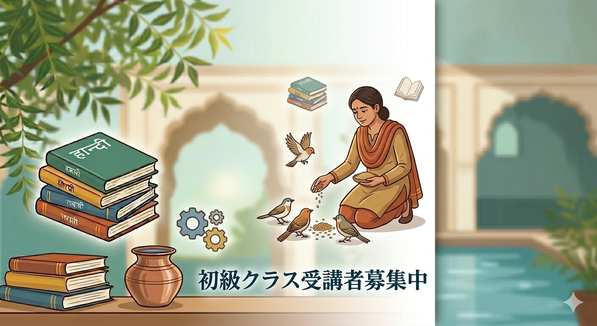 「インドの伝統的な中庭で、温かみのあるイラスト調の講師が、小鳥に餌を与えている。周囲にはヒンディー語の教科書、Zoomロゴ、インド地図、卒業帽のアイコンが配置され、オンラインでの体系的な学びを表現。画像下部に『初級クラス受講者募集中』の日本語テキスト。」