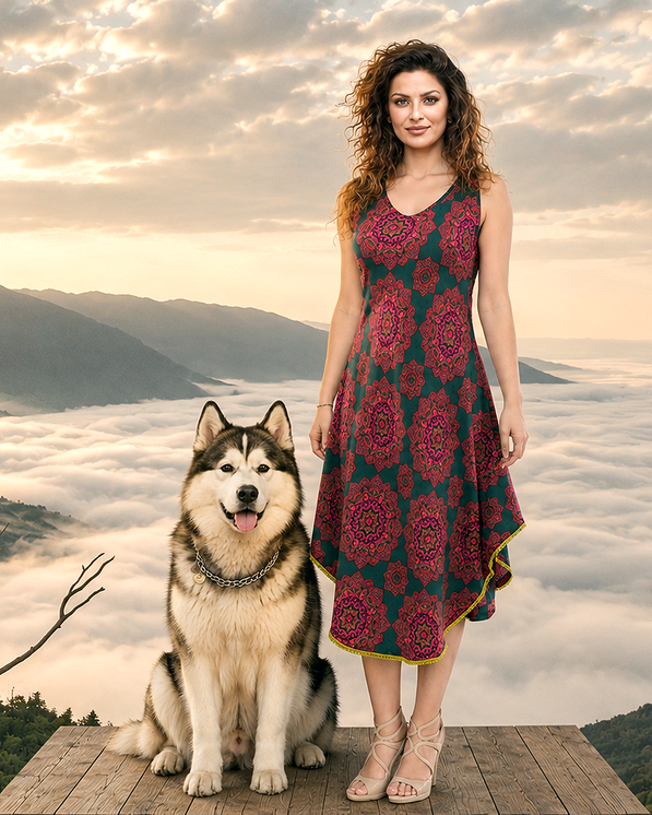 Boho-Damenkleid aus 100% hochwertiger Baumwolle mit floralem Muster