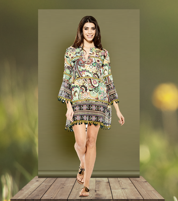 Boho-Outlet-Damenkleid aus 100% hochwertiger Viscose mit dezentem Muster