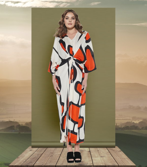 Boho-Outlet-Damenkleid aus 100% hochwertiger Viscose mit dezentem Muster