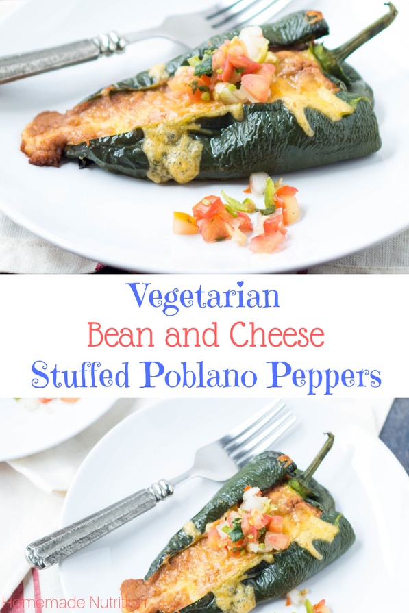 These easy vegetarian roasted poblano peppers stuffed with beans and cheese are a lighter twist on traditional chile rellenos. They have only five ingredients and are ready in about 30 minutes! Perfect gluten free weeknight dinner!