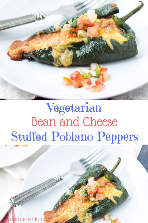 These easy vegetarian roasted poblano peppers stuffed with beans and cheese are a lighter twist on traditional chile rellenos.  They have only five ingredients and are ready in about 30 minutes!  Perfect gluten free weeknight dinner!