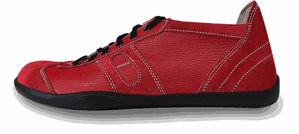 Handgefertigter Senmotic Barfußschuh aus rotem Leder.