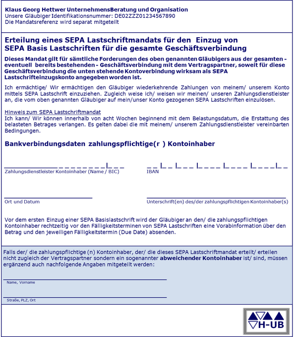 SEPA Mandatsvertrag – SEPA Mandat Vorlage Angaben Formular - Hettwer UnternehmensBeratung GmbH