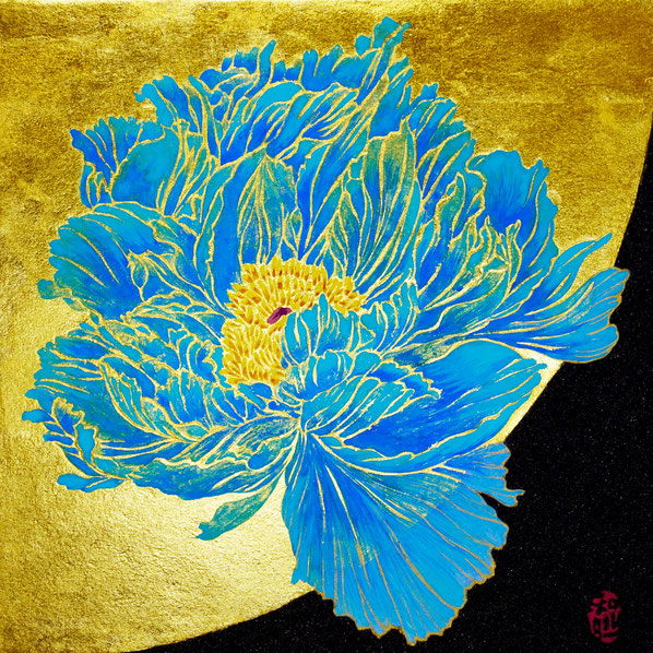 「月華牡丹-青-」サイズ:160×160mm 技法:日本画 \71,500(税込)