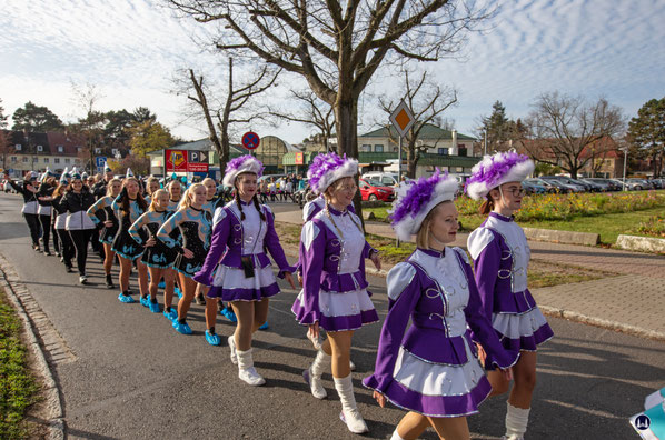 Die Prinzengarde und weitere Aktive. Die lange Marschreihe zeigt die große Begeisterung in Blankenfelde-Mahlow für den Karneval...