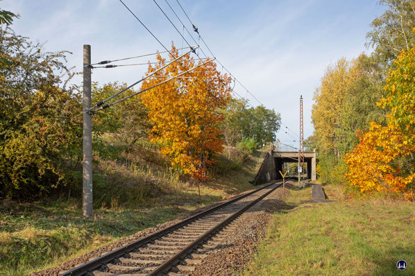 Blick vom Tunnelweg entlang der Verbindungskurve zum Berliner Außenring, Oktober 2020. Das Gleis wird hier vom Überwerfungsbauwerk der S-Bahn gekreuzt, welche hierüber ihren Weg nach rechts weiter in Richtung Mahlow fortsetzt.