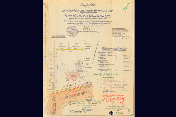 Bauaktenarchiv. Lageplan und Flächenberechnung des Lortzingclubs.