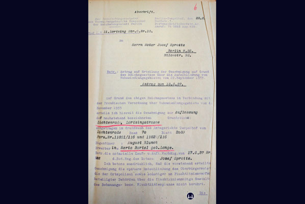 Bauaktenarchiv. Lortzingclub in Berlin - Lichtenrade. Genehmigung zum Kauf von 2 Parzellen.