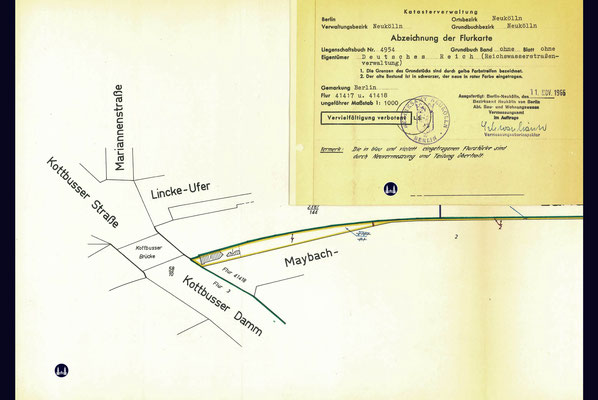 Kottbusser Brücke, Ankerklause. Die 1966 angefertigte Abzeichnung der Flurkarte zeigt schwarz schraffiert die Grundfläche des 1960 erheblich nach links bis kurz vor die Kottbusser Brücke vergrößerten ehem. Erfrischungsgebäudes. Auf der rechten Seite neben
