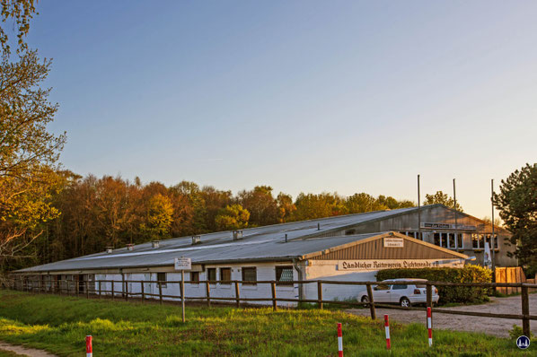 Ländlicher Reiterverein Lichtenrade am Schichauweg. Ansicht der Stallungen und der Reithalle.