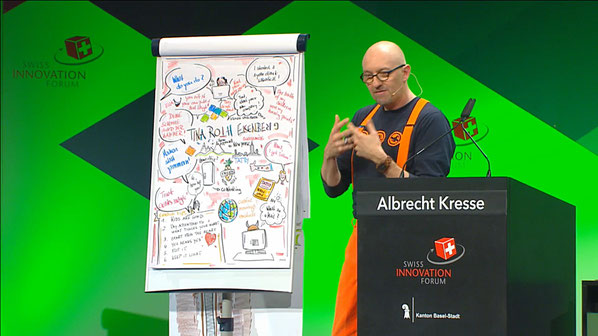 Grosses Kino am Swiss Innovation Forum in Basel: Albrecht Kresse fasst die Vorträge der Redner visuell zusammen.