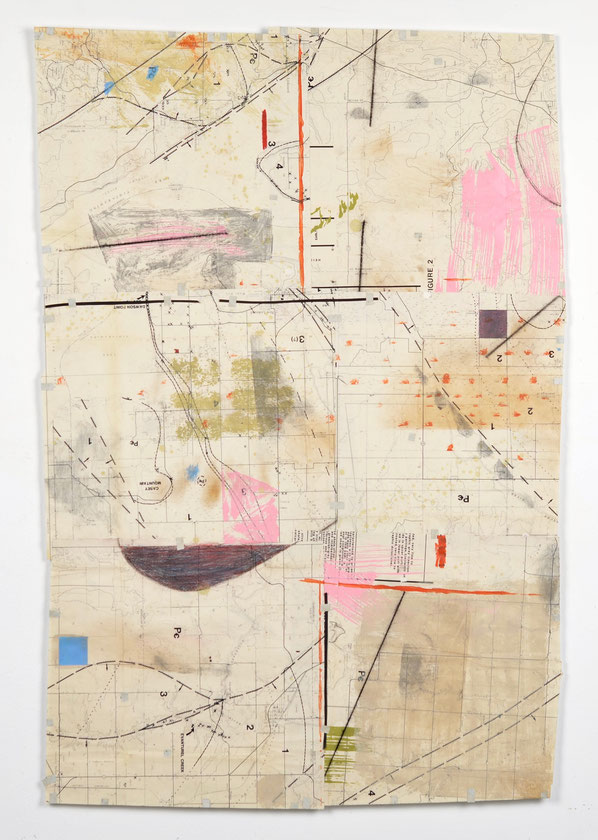 Map No. 3, acrylic, drawing media, chalk line & collage on collaged geological map, 36"x 29", 2019. NFS