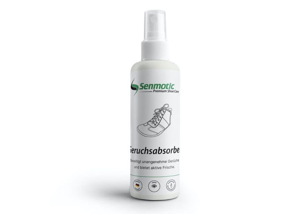Eine Flasche Gercuhsabsorber mit Sprühkopf und Aufdruck Senmotic Geruchsabsorber