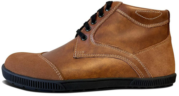 Leichter Wanderstiefel als Barfußschuhe aus Glattleder in Camel mit Veloursleder und Wollfutter.