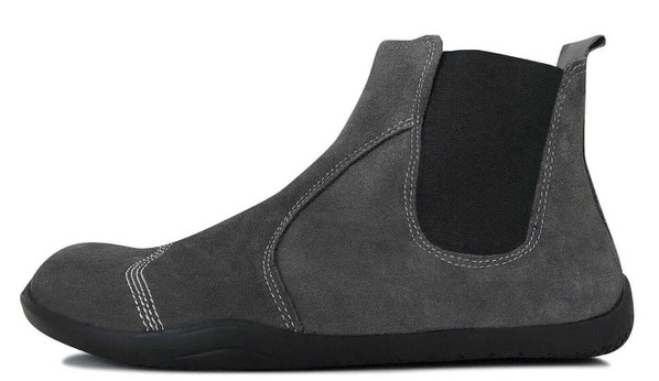 Grauer Schlupfstiefel aus Velours mit weißen Nähten und Gummizug