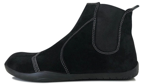 Schwarzer Schlupfstiefel aus Velours mit weißen Nähten und Gummizug