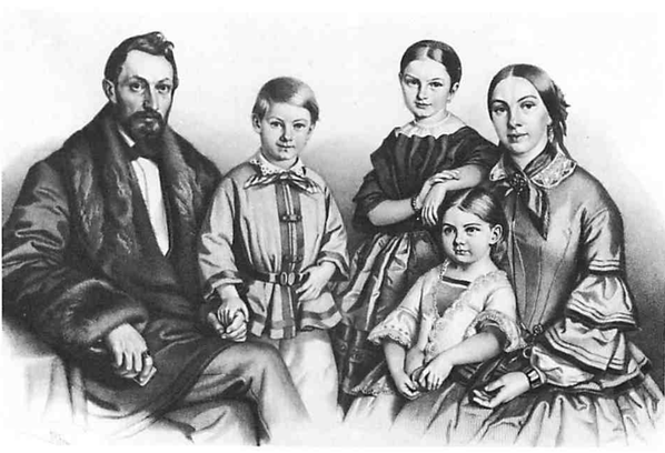 Rudolf Weber mit seiner Frau Anna Barbara, geborene Kündig vom Homberg, und seinen drei Kindern um 1850 (Bild: Screenshot aus der Bubiker Gemeindechronik)