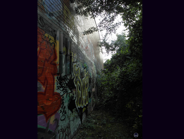 Zollpackhof der Anhalter Bahn, Berlin, Yorckstraße. Gleisseite mit Graffiti.