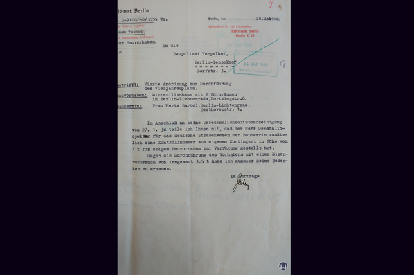 Bauaktenarchiv. Lortzingclub in Berlin - Lichtenrade. Zuschlag zum Stahlbedarf Organisation Todt.
