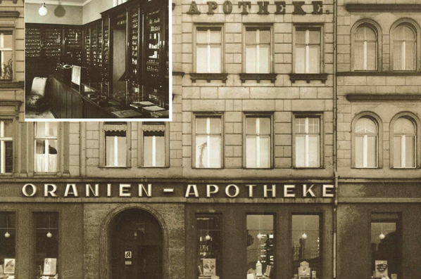 Zu den ältesten Häusern am ehem. Kanal gehört das Haus Elisabethufer 19 (ab 1867 Nr. 35, heute Erkelenzdamm). Die Apotheke entstand 1860,  dem Jahr der Fertigstellung des von Leberecht Adler und A. Berger errichteten Gebäudes.