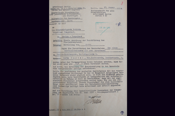 Bauaktenarchiv. Lortzingclub in Berlin - Lichtenrade. Genehmigung für den Stahlbedarf.