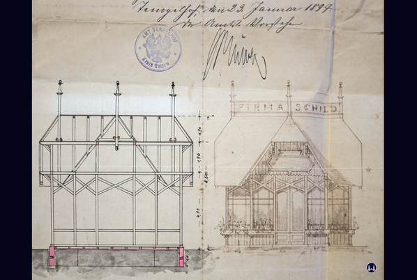 Zeichnung des Gartenpavillons des Tempelhofer Tivolis.