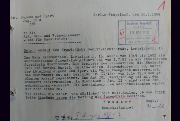 Bauaktenarchiv. Lortzingclub in Berlin - Lichtenrade. Schreiben Bauaufsicht.