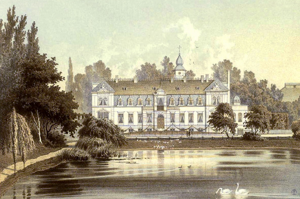 Musikhaus Bading in Berlin - Neukölln, Karl - Marx - Straße. Rittergut und Schloß Britz um 1880.