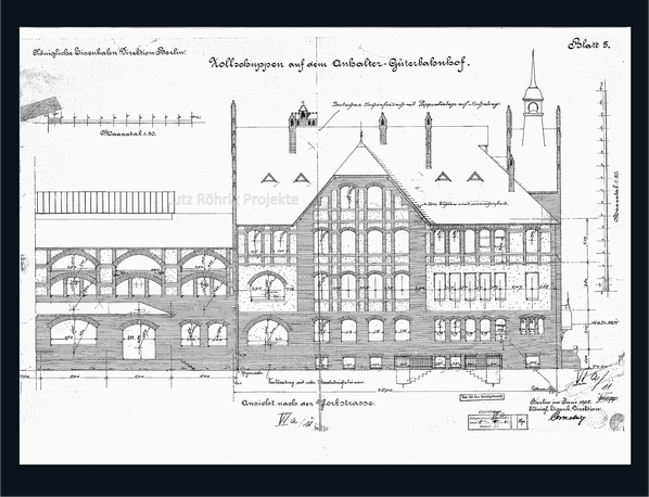 Zollpackhof der Anhalter Bahn, Berlin, Yorckstraße. Fassadenriss des Zollpackhofs Berlin