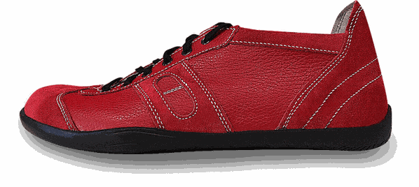 Flacher Barfußschuh aus fein genarbten Rindsleder in der Farbe Rot mit schwarzer Sohle und schwarzen Senkeln