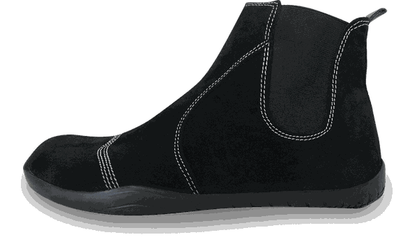Schwarzer halbhoher Stiefel als Barfußschuh aus schwarzem Veloursleder und schwarzer Sohle zum Reinschlüpfen. Mit einem Gummizug an der Innenseite.