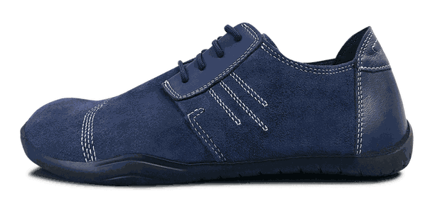 Flache Barfußschuhe komplett aus blauem Veloursleder mit weißen Nähten und blauen Senkeln 
