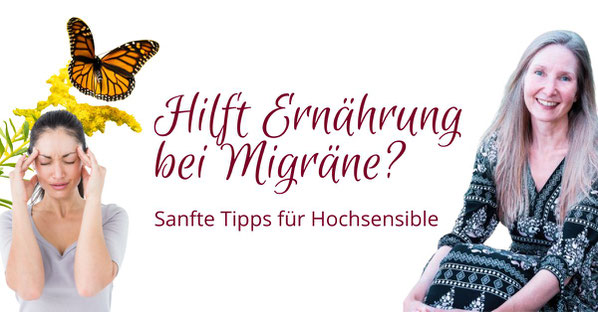 Frau, die sich den schmerzenden Kopf hält und Schmetterling