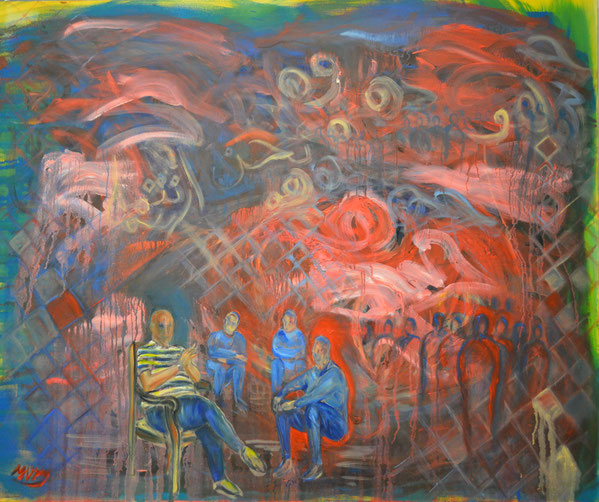 "Listening to History (Learning from the Past)", 1.2 m by 1 m, March 2016, Acrylic and Oil on Canvas.