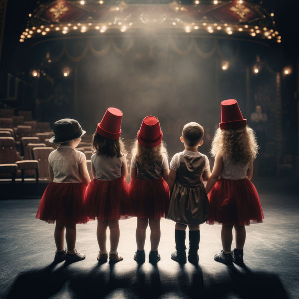 5 enfants sur scène qui participent à un spectacle de magie sur Toulouse