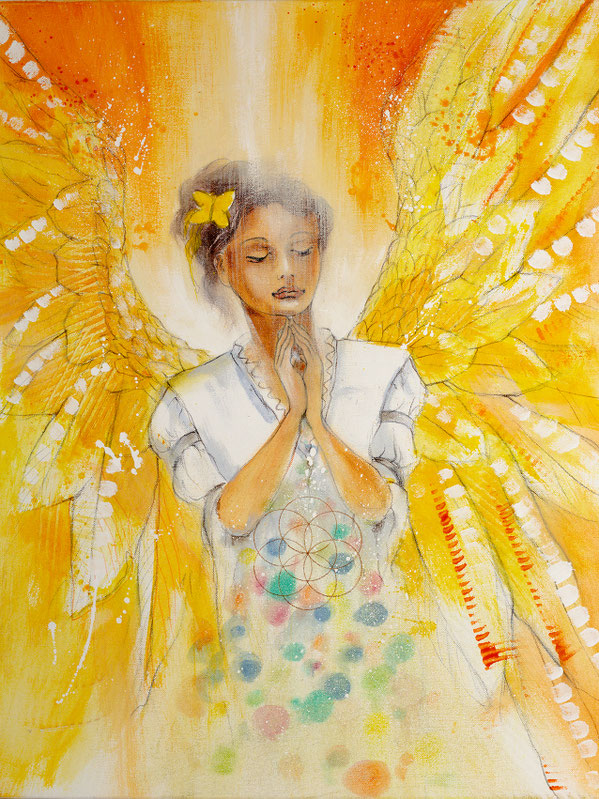 Wandbild Engelbild Engel der Kreativität / Erfüllung, gemalt von Jopie, Farbe Gelb, Hochformat, Illustration aus dem neuen Engelkartendeck von Jana Haas, Gebetskarten, Ein Engel für dich, erschienen im Arkana Verlag