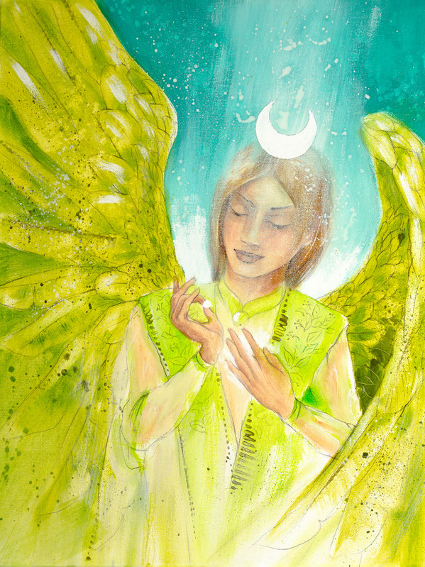 Wandbild Engelbild Engel der Heilung / Wachstum, gemalt von Jopie, Farbe Grün, Hochformat, Illustration aus dem neuen Engelkartendeck von Jana Haas, Gebetskarten, Ein Engel für dich, erschienen im Arkana Verlag