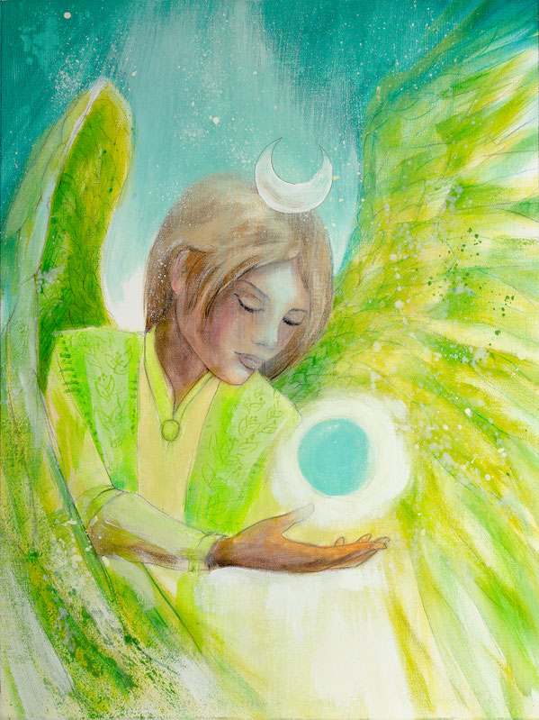 Wandbild Engelbild Engel der Heilung / Einklang aller Wesen, gemalt von Jopie, Farbe Grün, Hochformat, Illustration aus dem neuen Engelkartendeck von Jana Haas, Gebetskarten, Ein Engel für dich, erschienen im Arkana Verlag