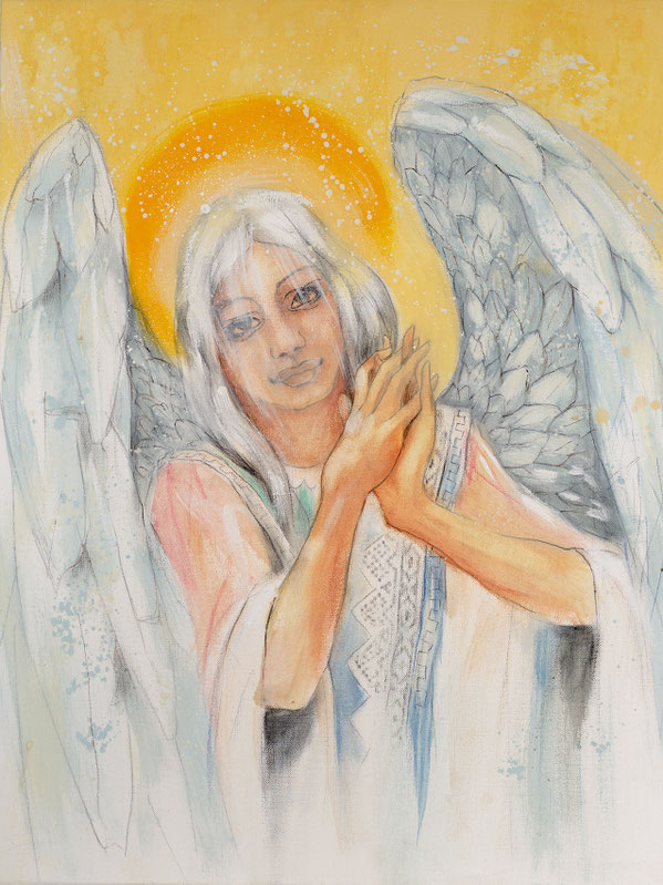 Wandbild Engelbild Engel der Stabilität / Beruf, gemalt von Jopie, Farbe Weiß, Hochformat, Illustration aus dem neuen Engelkartendeck von Jana Haas, Gebetskarten, Ein Engel für dich, erschienen im Arkana Verlag