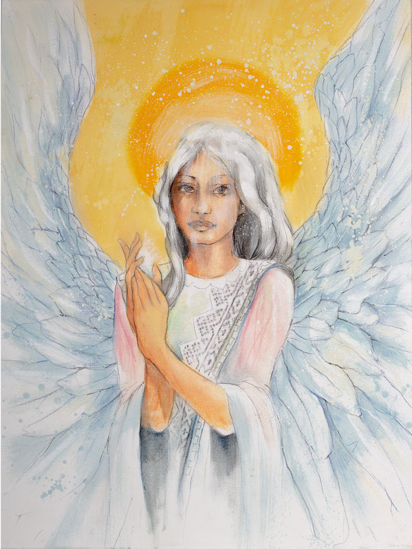 Wandbild Engelbild Engel der Stabilität / Beziehungen, gemalt von Jopie, Farbe Weiß, Hochformat, Illustration aus dem neuen Engelkartendeck von Jana Haas, Gebetskarten, Ein Engel für dich, erschienen im Arkana Verlag