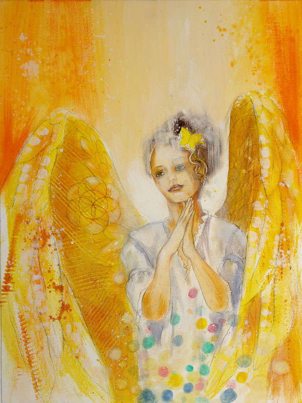 Wandbild Engelbild Engel der Kreativität / Ermutigung, gemalt von Jopie, Farbe Gelb, Hochformat, Illustration aus dem neuen Engelkartendeck von Jana Haas, Gebetskarten, Ein Engel für dich, erschienen im Arkana Verlag