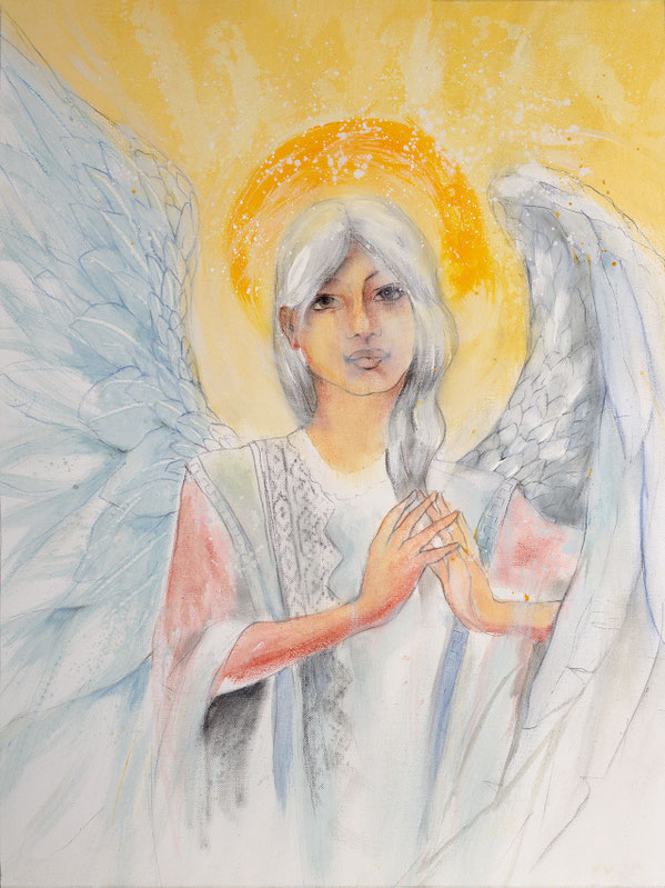 Wandbild Engelbild Engel der Stabilität / Fügungen, gemalt von Jopie, Farbe Weiß, Hochformat, Illustration aus dem neuen Engelkartendeck von Jana Haas, Gebetskarten, Ein Engel für dich, erschienen im Arkana Verlag